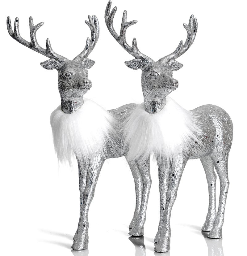 Ornativity Silver Glitter Christmas Reindeer - Xmas Holiday Party Deer Figurine Statues Dinner Tabletop Decorations Centerpiece Mantle - 12"" Pack of 2 - Image 1